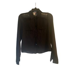GUC Body Central Women's Black Semi Sheer Blouse Lace Yolk Size Small